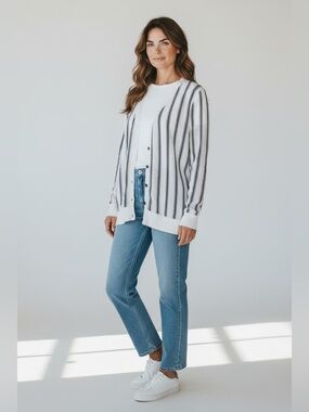 Judith & Charles Navy and White Striped Knit Cardigan Small